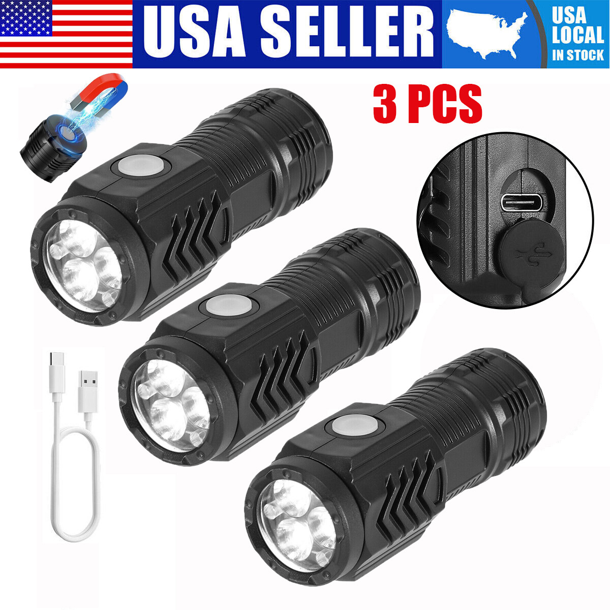 3-PACK Super Bright LED Mini Flashlight USB Rechargeable Pocket Keychain Torch