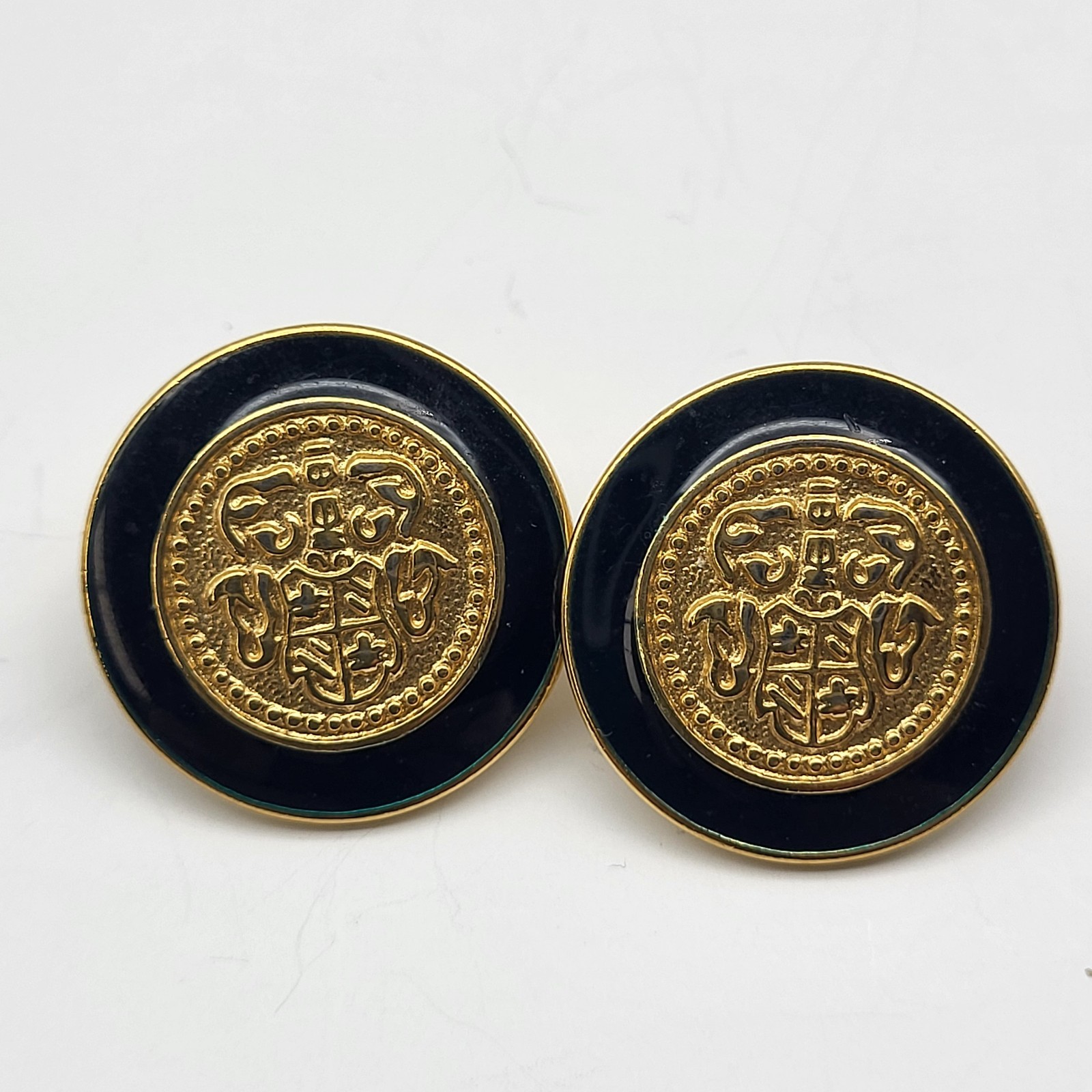 Vintage Blue Enamel Shield earrings Heraldic pierced retro fun