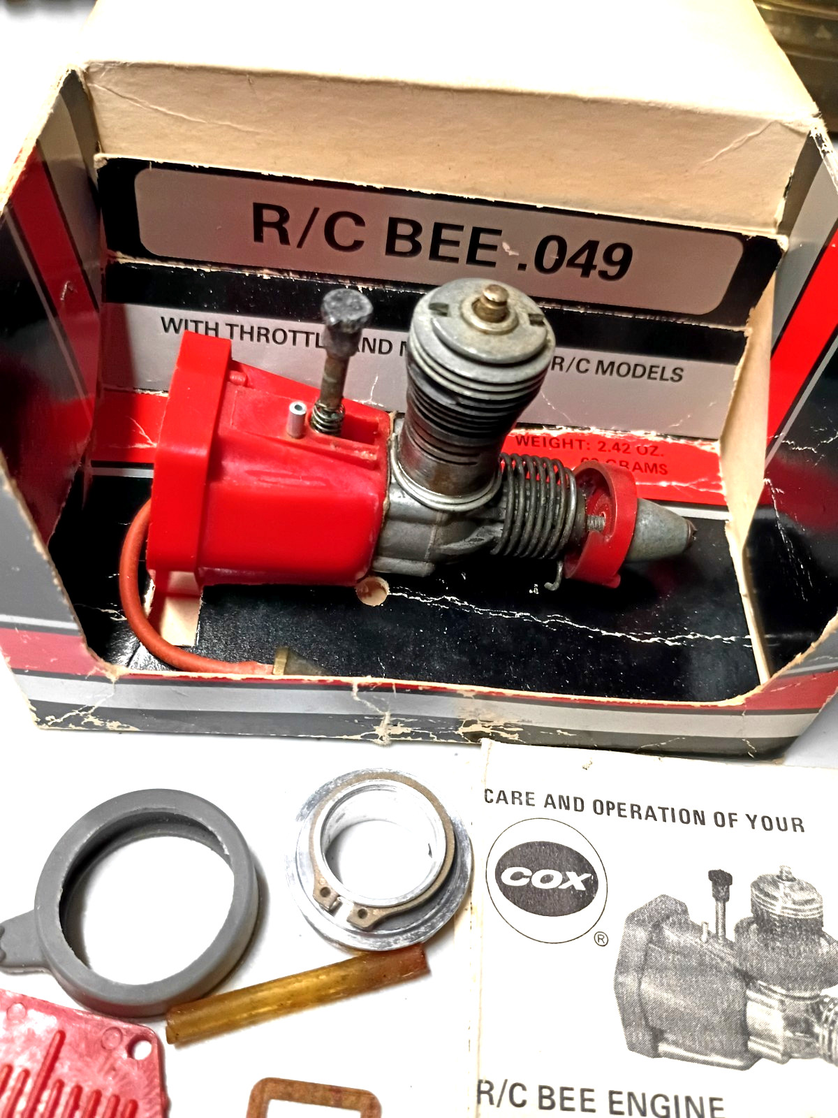 Vtg COX R/C BEE .049 Model Airplane Engine w/Muffler Tools Box Good Compression!