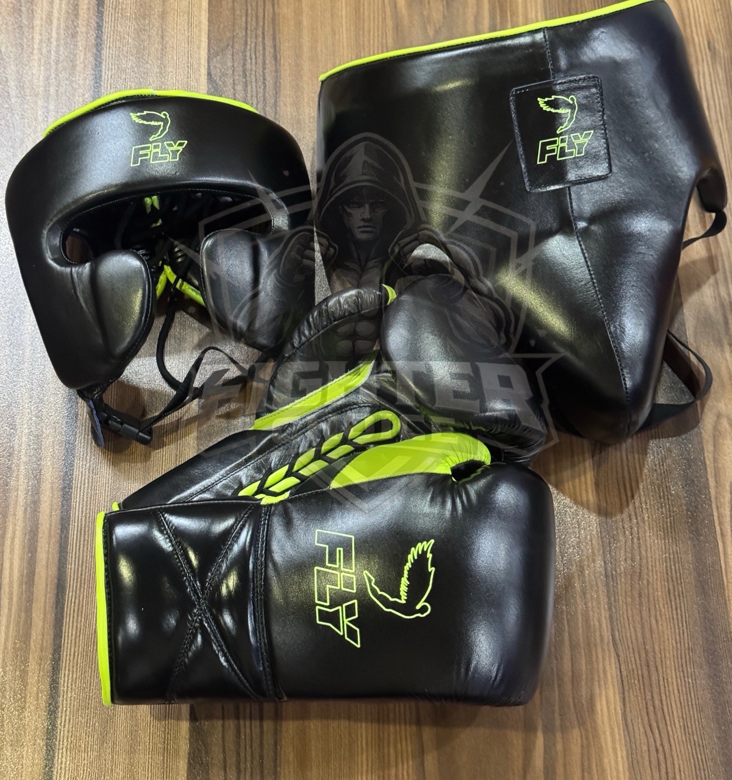 Custom Made Fly Boxing Set Black & Neongreen Cowhide Leather Sparring & Training