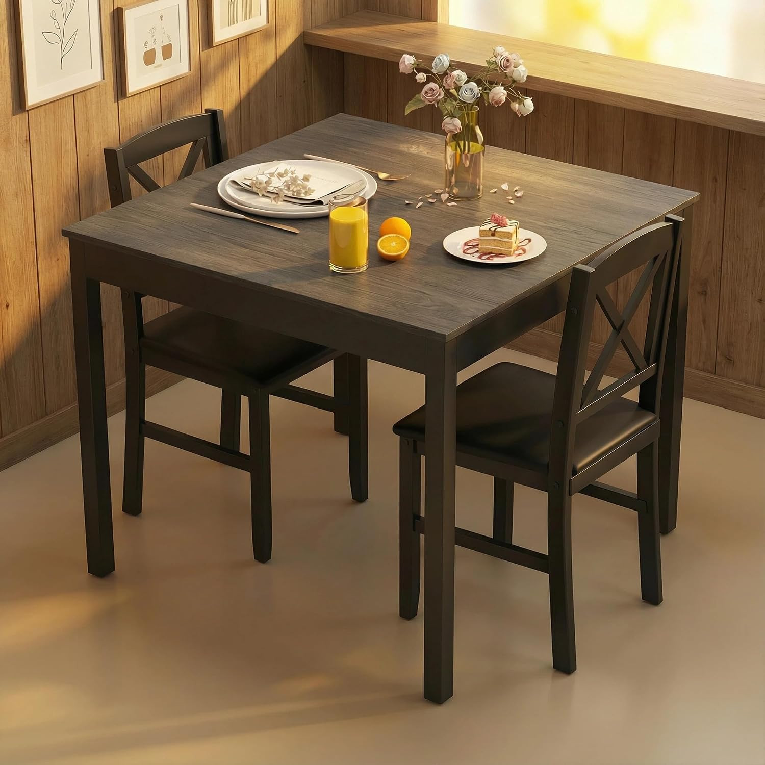 Mid-Century Modern Dining Table Set for 2, Wooden Kitchen Table & 2 Chairs with
