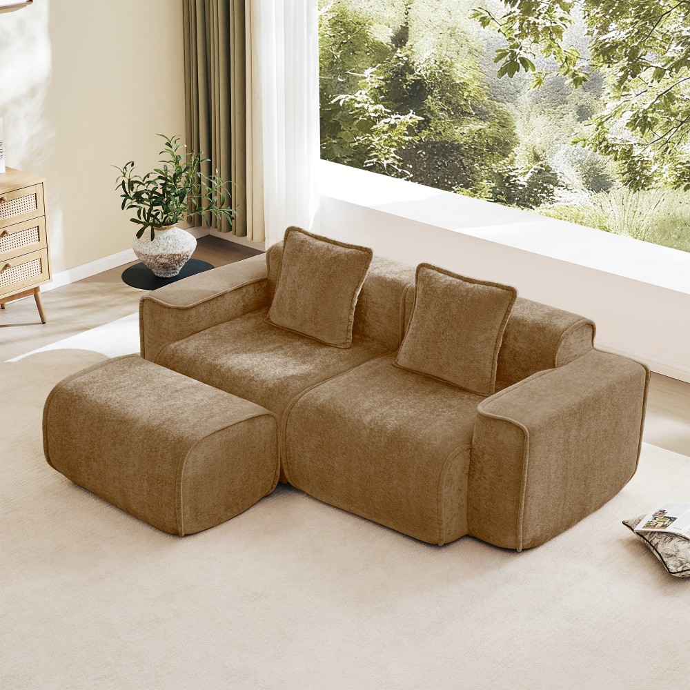 L-Shape Sectional Sofa w/ Ottoman Compressed Sofa Velvet Brown, No Assembly