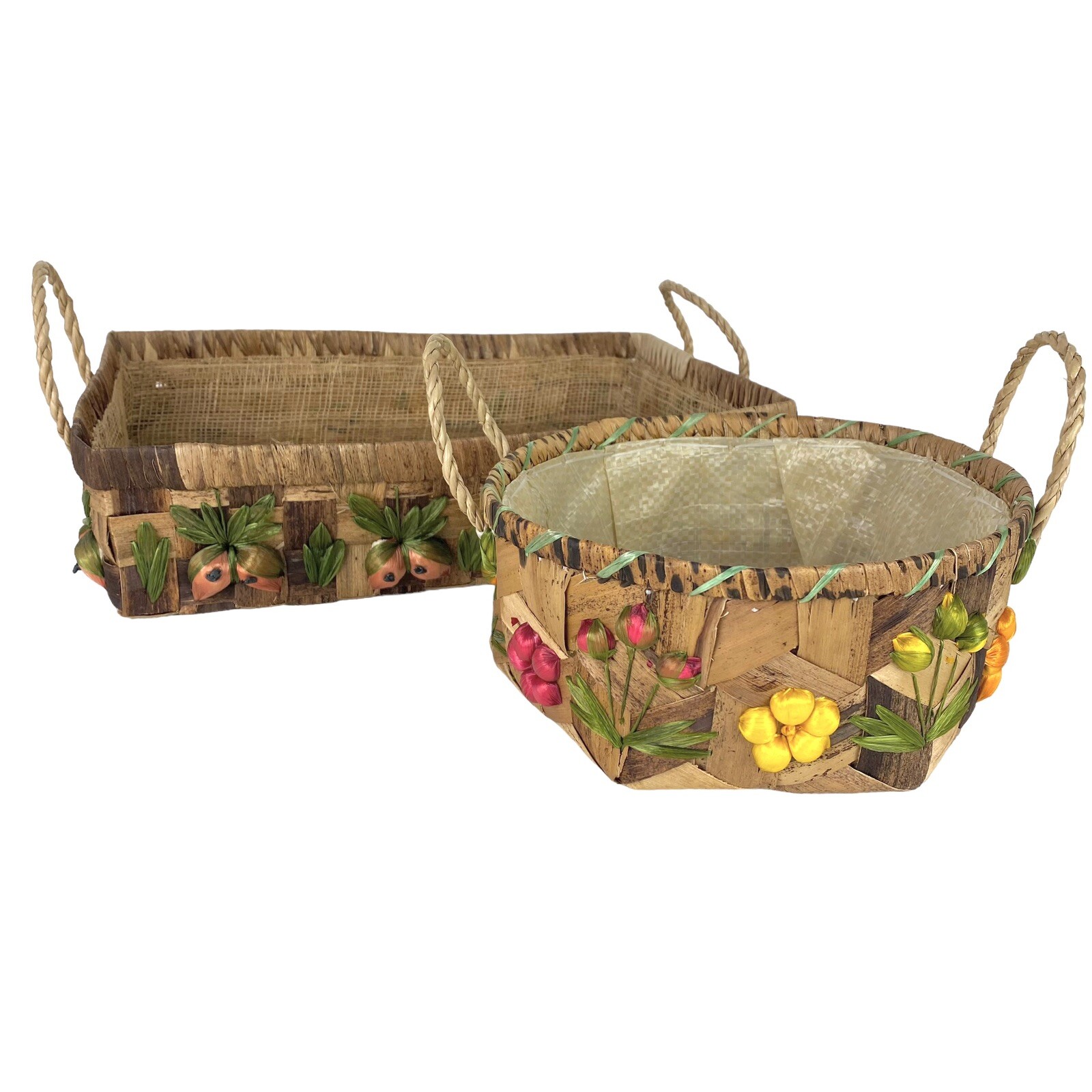 Straw Raffia Baskets Casserole Carriers Round Rectangle Fruits Lined Vintage