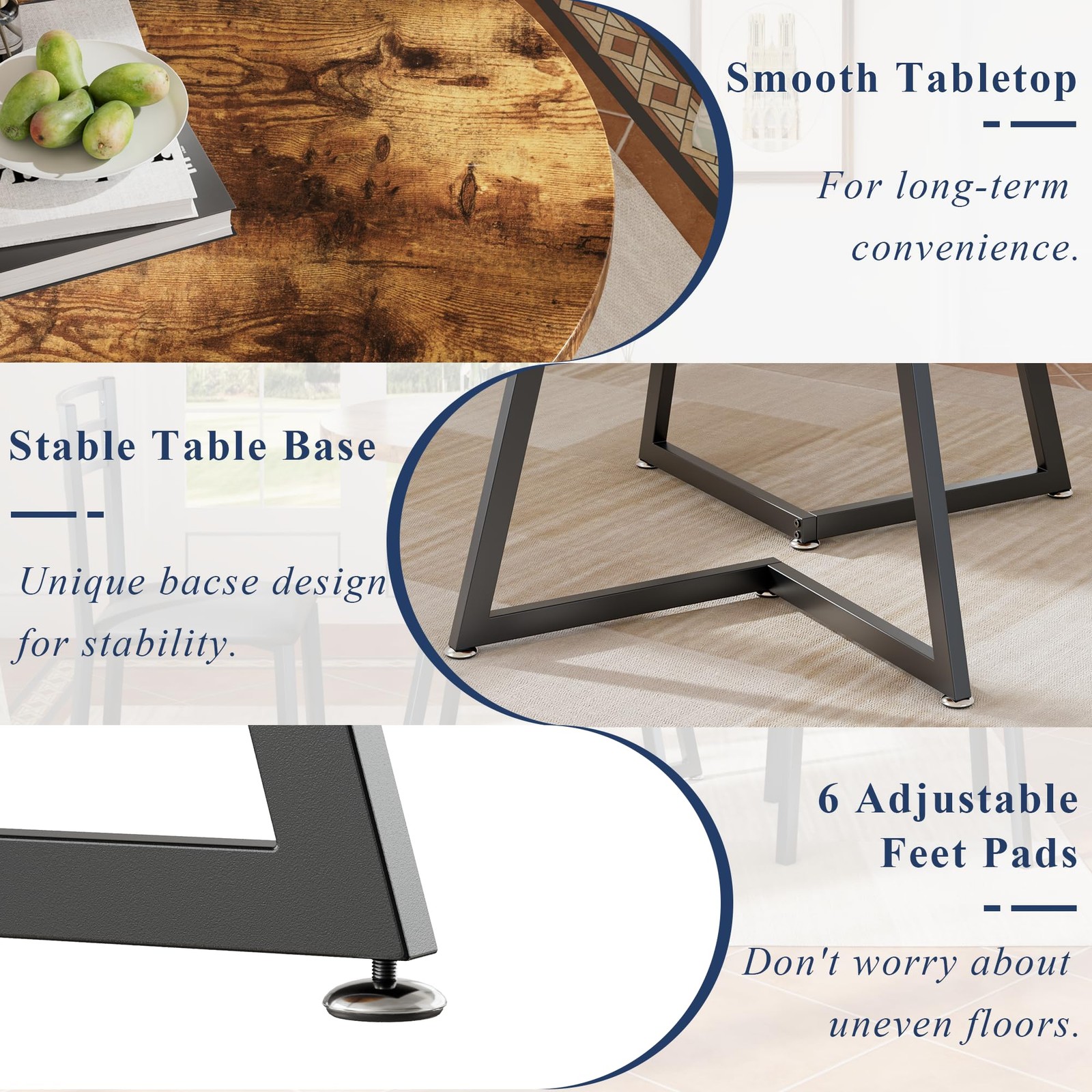 VECELO Round Dining Table with Wood Grain Tabletop and Steel Frame, for Kitchen,
