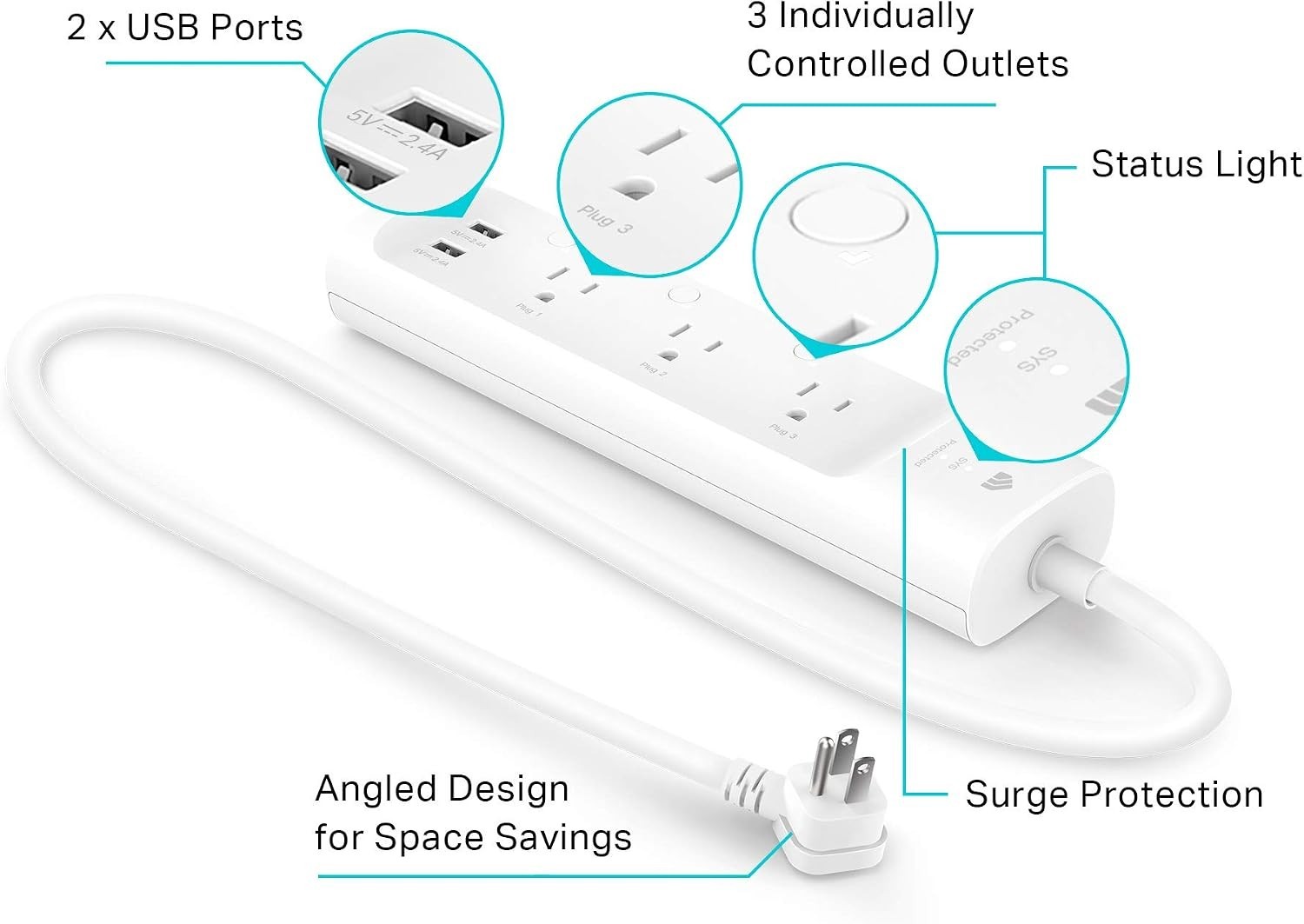 Plug Power Strip KP303, Surge Protector with 3 Individually Controlled Smart ...