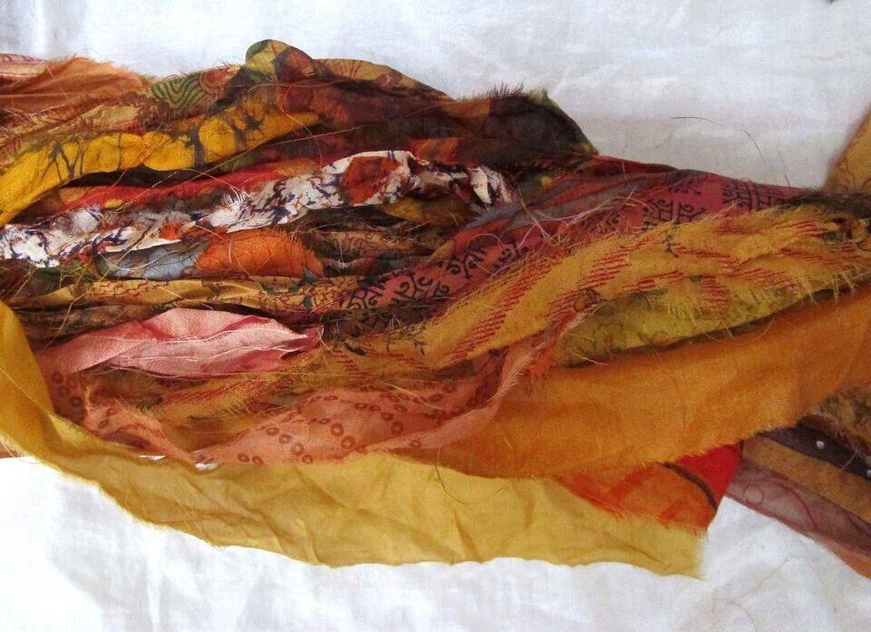 12 yards Unstitched tassels Skein PURE Silk Sari Ribbon Yarn Brown Rust CRAFT