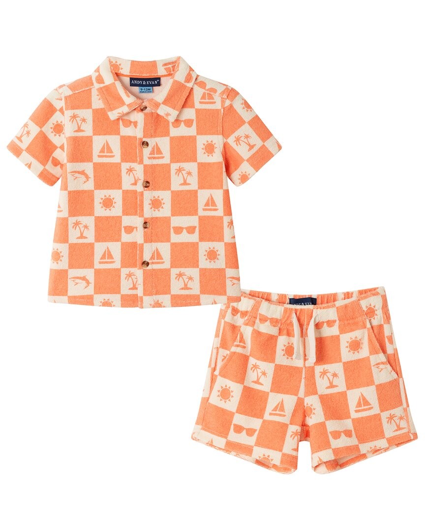 Andy & Evan 2Pc Printed Check Textured Short Set Orange 6/9M