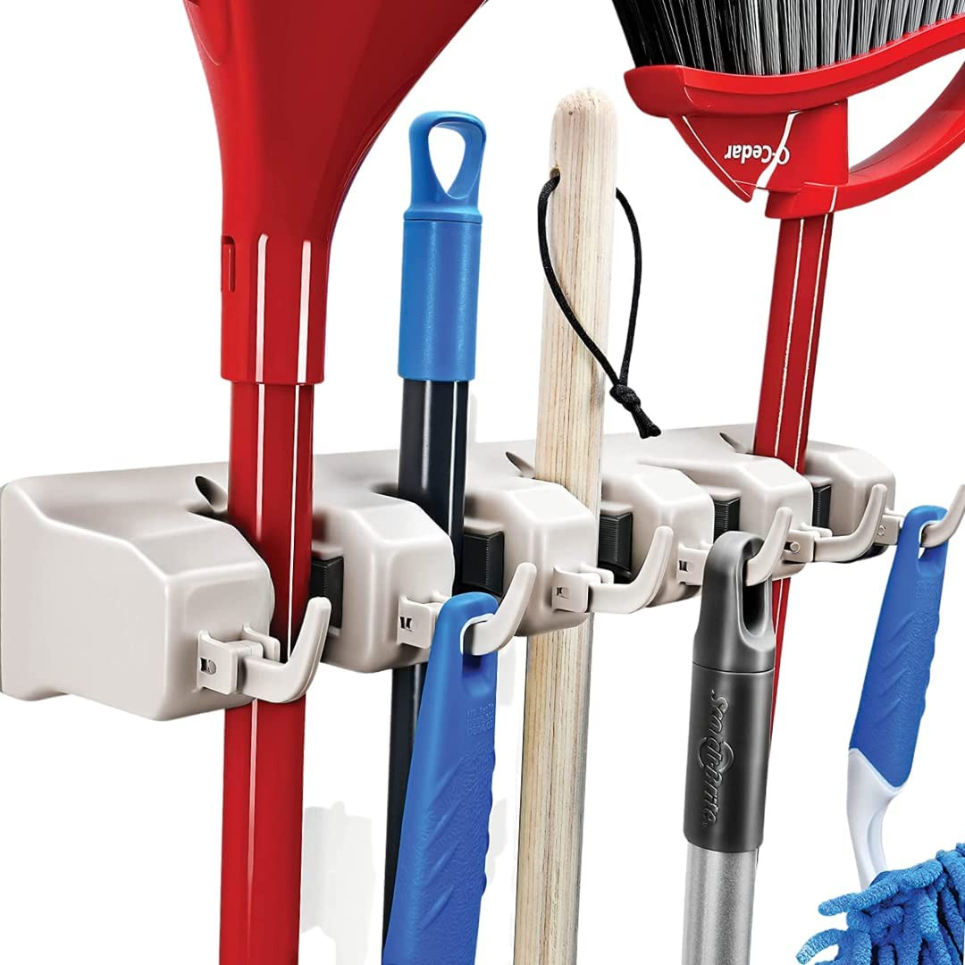 Broom and Mop Holder Wall Mount – Heavy Duty Garage Organizer with 5 Slots & 6 H
