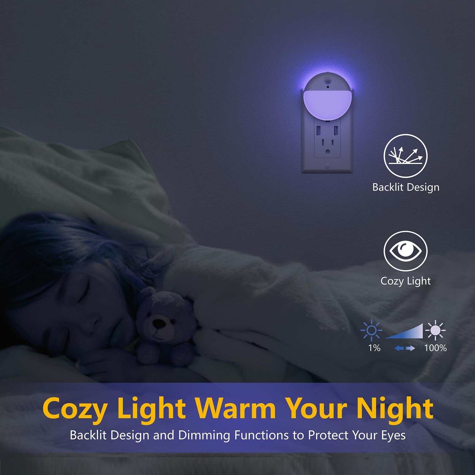 2 Pack Plug in Night Light, Dusk to Dawn, 3 Lighting Ways, Stepless Dimming, ...