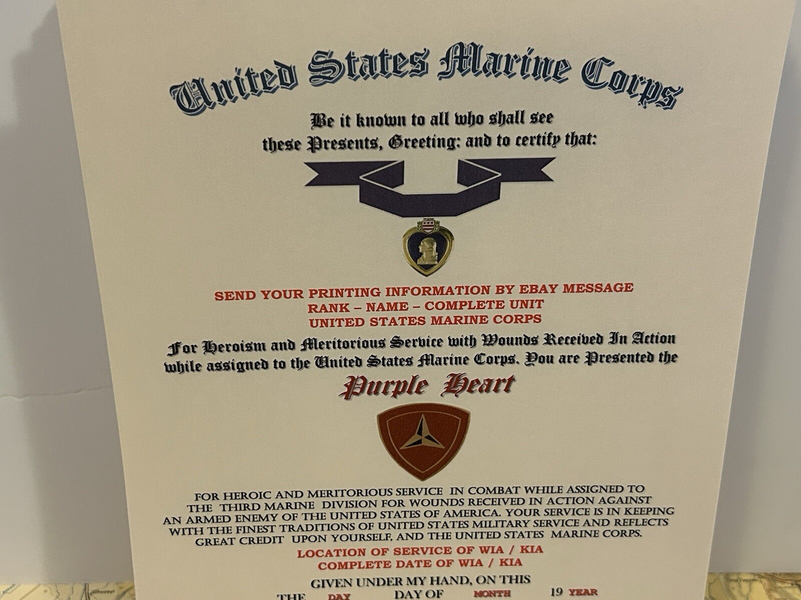 U.S.M.C. / P.H. MEDAL COMMEMORATIVE CERTIFICATE - 3RD MARINE DIVISION
