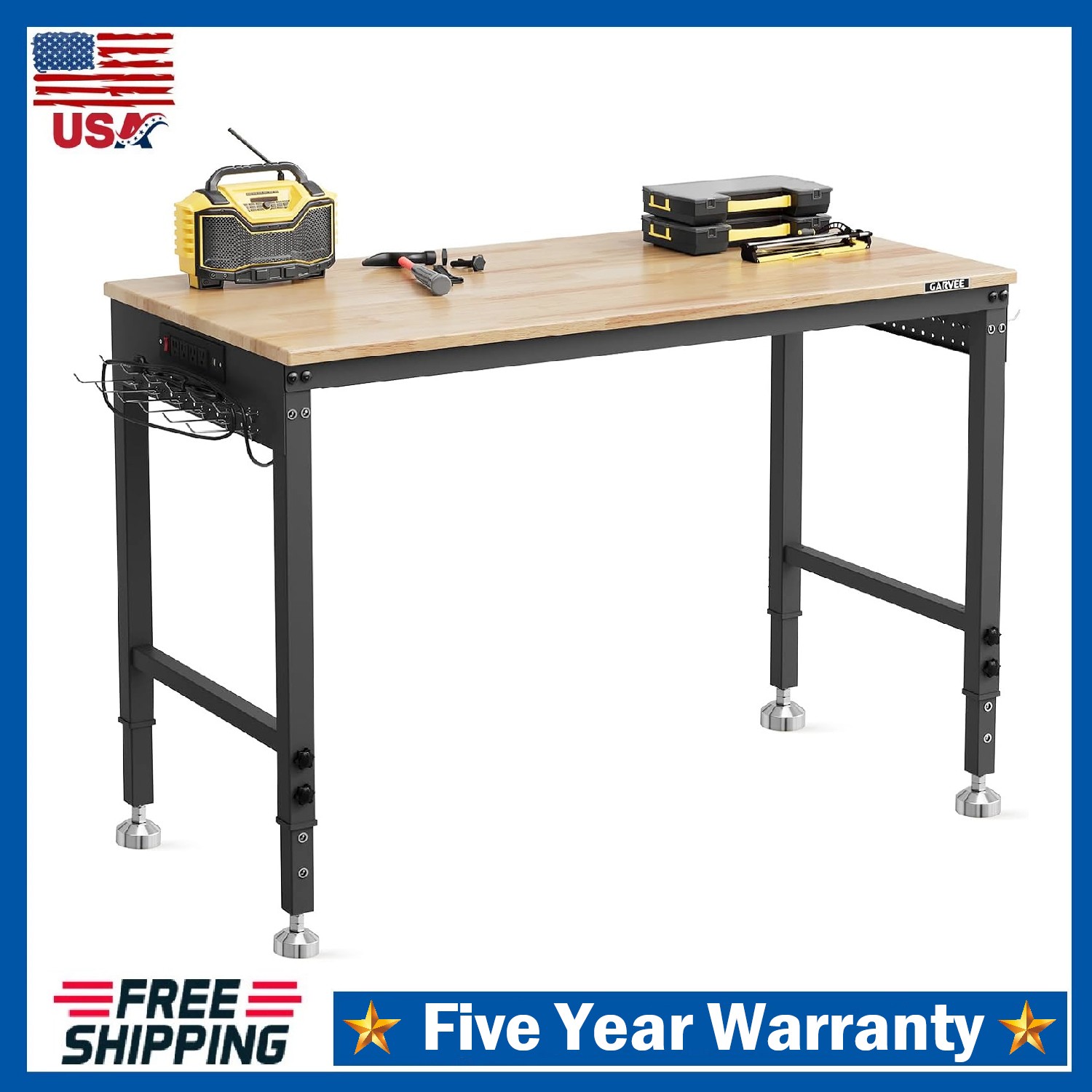 48" Adjustable Workbench 2000 LBS Work Table ,Rubber Wood Top with Power Outlet