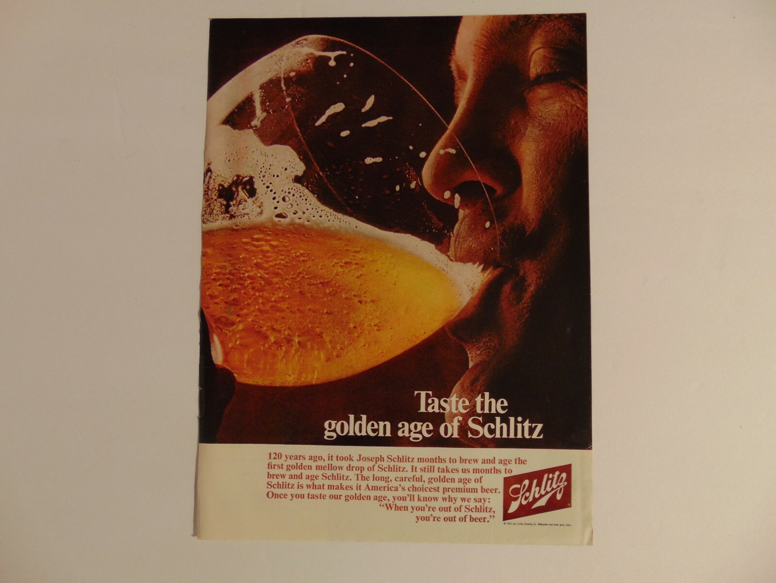 1969 SCHLITZ BEER Golden Age MAN DRINKS A BIG GLASS vintage art print ad