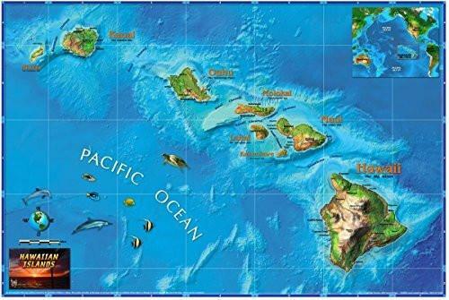 Decorative HAWAII Physical Wall Map *Laminated* LARGE 48"x74" CompArt