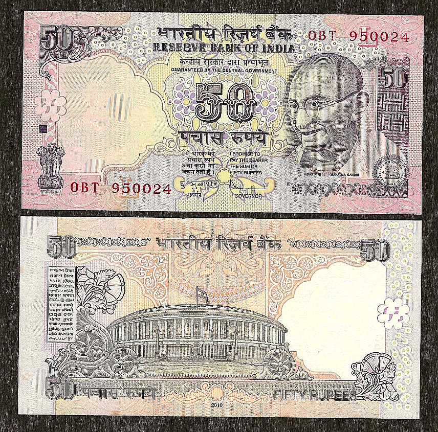 INDIA 50 RUPEES P-97v "L" 2010 x 1 Pcs UNC GANDHI TIGER PARLIAMENT DS SIGN NOTE