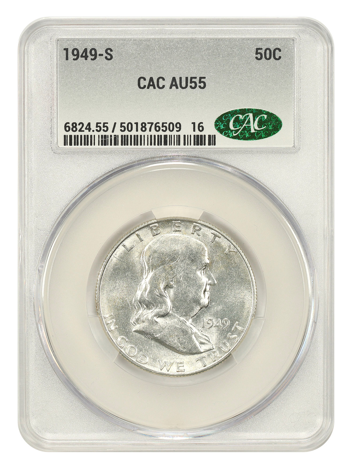1949-S 50C CACG AU55 - Franklin Half Dollar - Popular Key Date