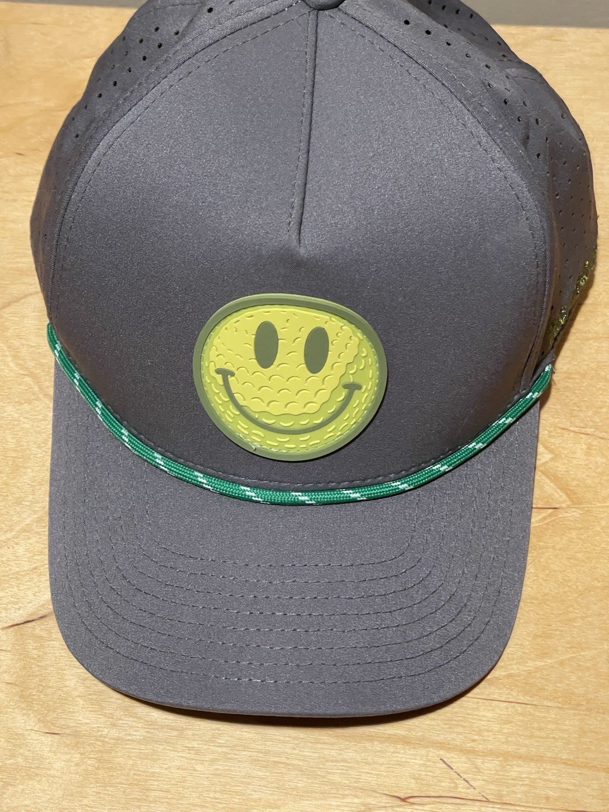 The GHQ Crew Smiley Face Golf Hat Adjustable Gray Green Yellow Logo Outdoor