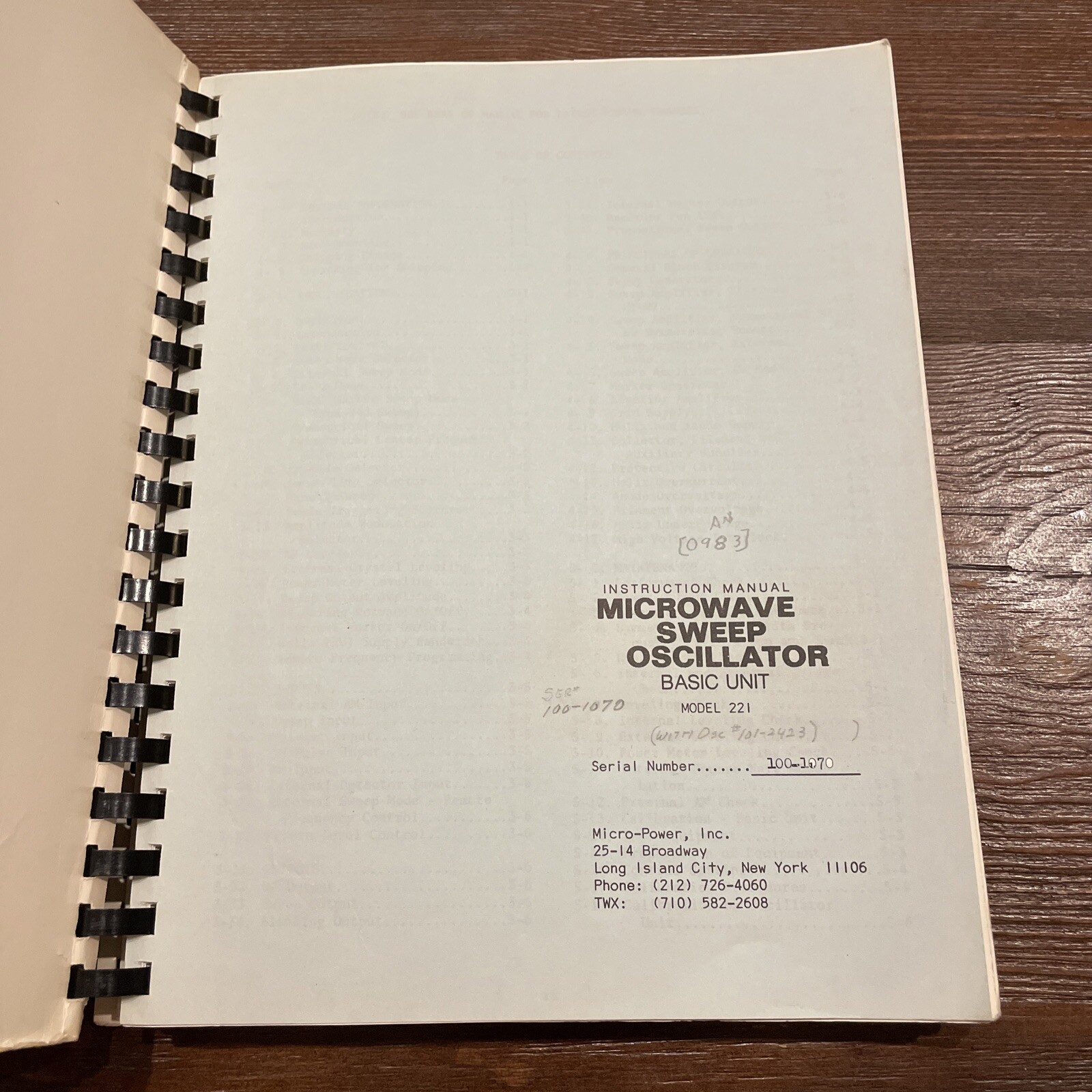 Micro-Power Model 221 Microwave Sweep Oscillator Basic Unit Instruction Manual