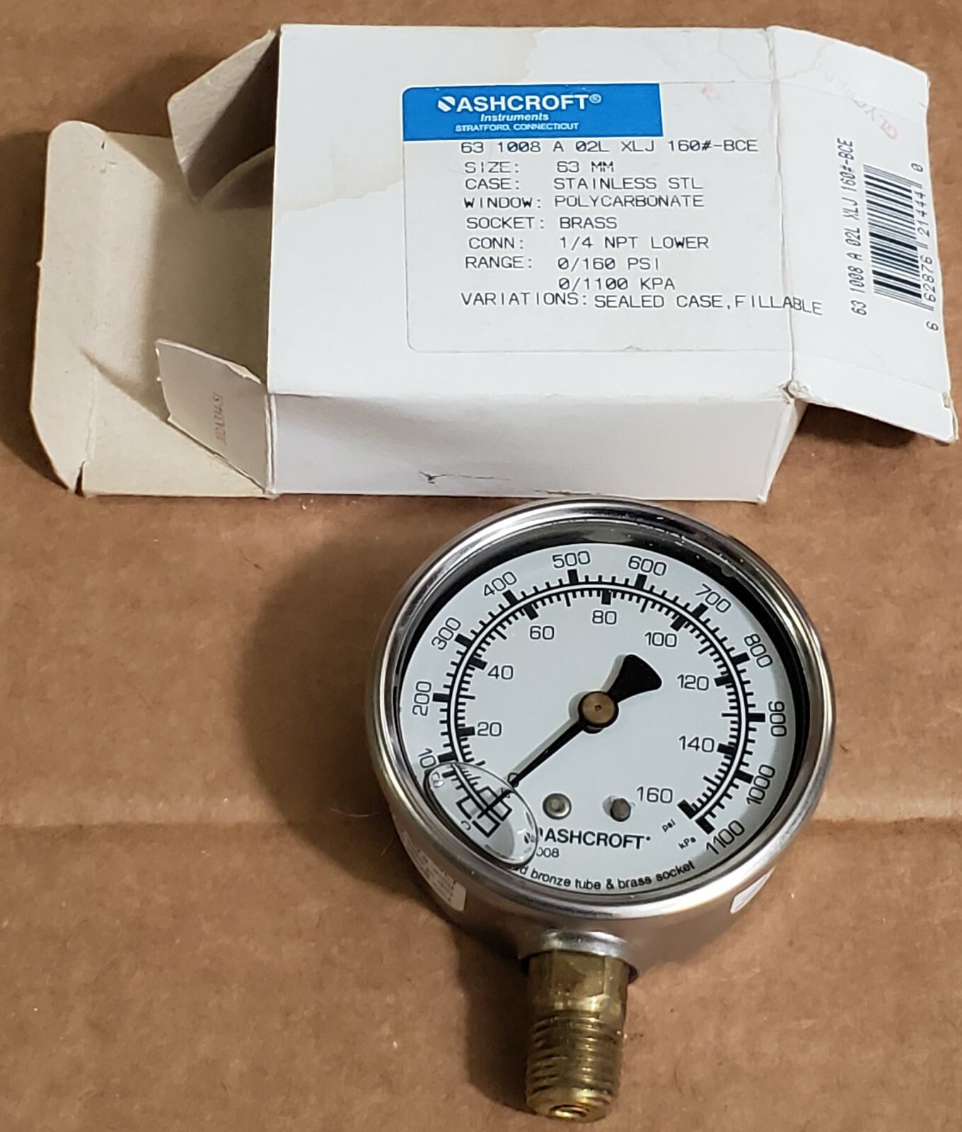 NEW Ashcroft 63 1008 A 02L XLJ 160#-BCE 63MM Stainless 0-160 Pressure Gauge
