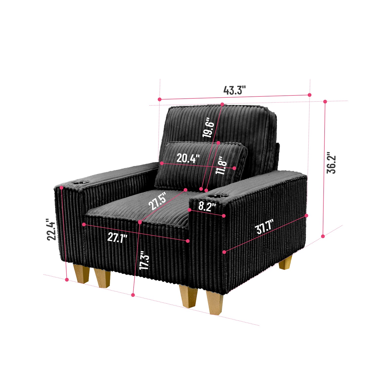 Black Corduroy Deep Seat Armchair with Cup Holder Pillow for Living Room