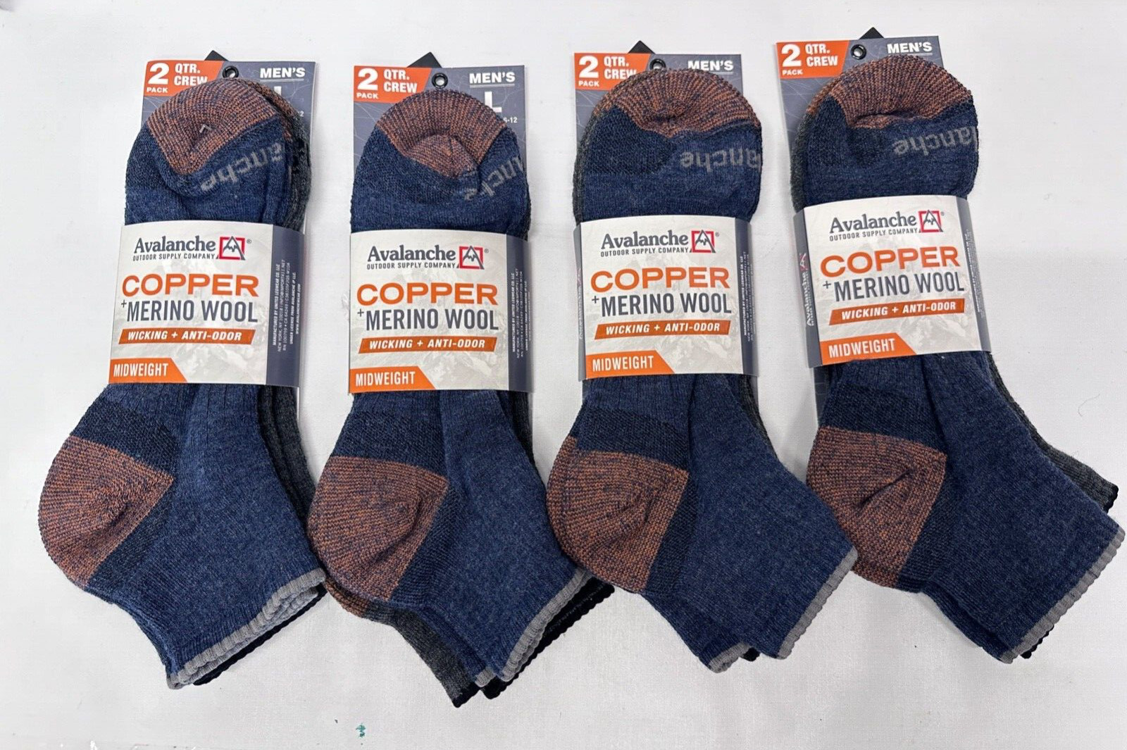 Avalanche Midweight Merino Wool Copper Men's QTR CREW Socks Size L 6-12 4 Pack