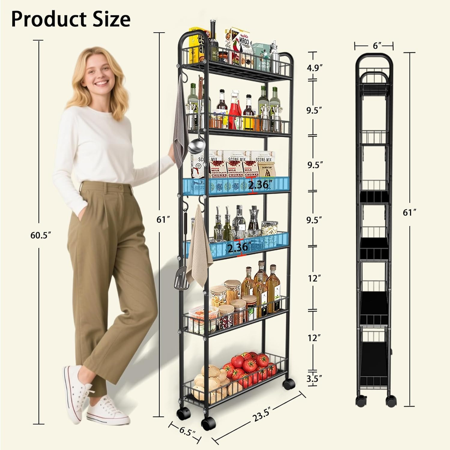 Slim Storage Cart with Wheels, 6-Tier 6In Black Narrow Rolling Shelf,Sturdy Slim