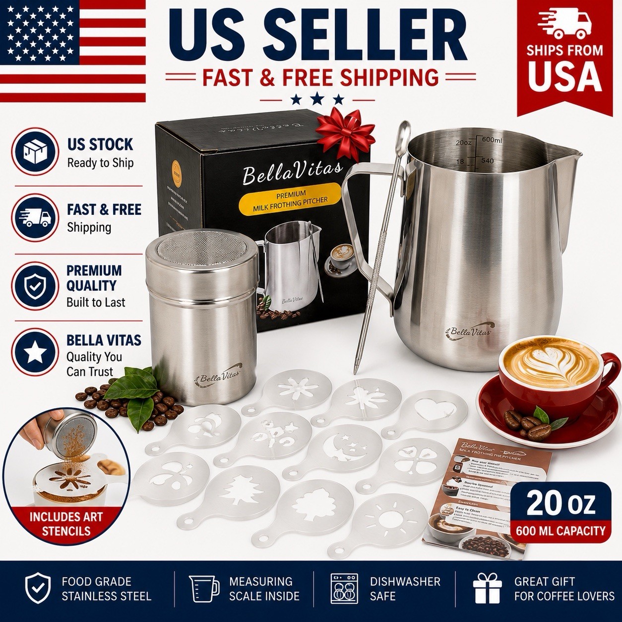 Milk Frothing Pitcher Set 20oz Latte Art Pen Stencils Spice Shaker Barista Kit