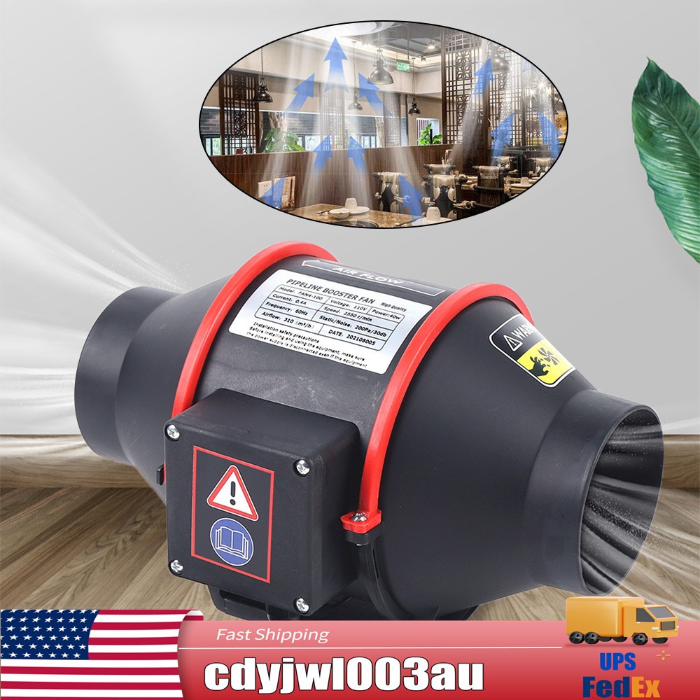 4'' 310m3/HSilent Exhaust Inline Duct Fan Ventilation Blower Fan Air Circulatio
