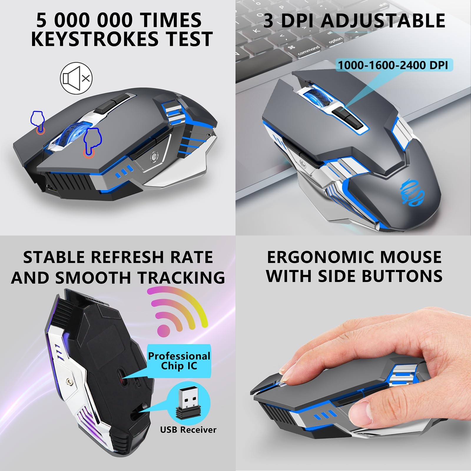 Bluetooth Gaming Mouse RGB Rechargeable Silent 6 Button DPI Laptop PC Grey