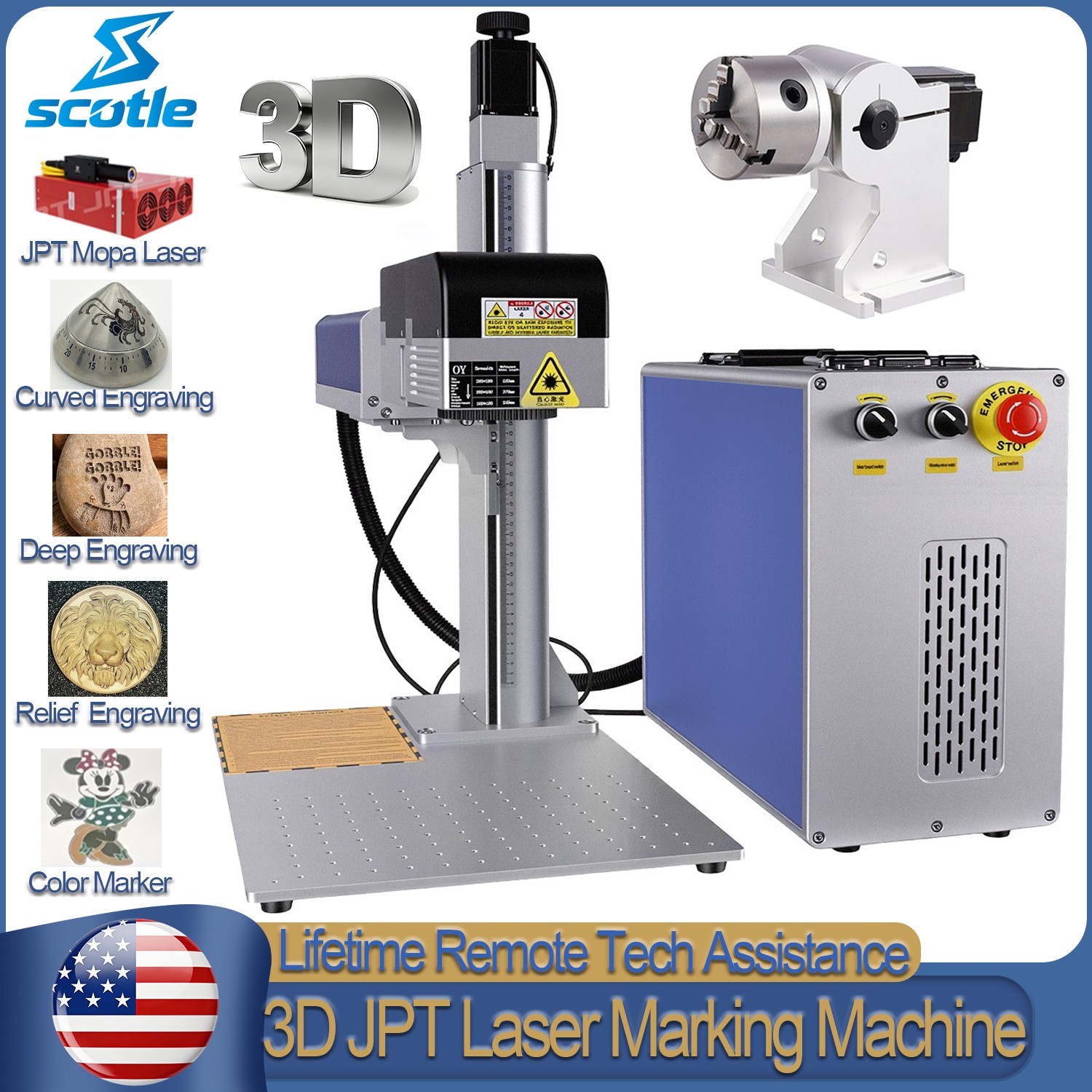Scotle JPT M7 3D Fiber Laser Marking Machine Curved Relief Deep Engraver Rotary