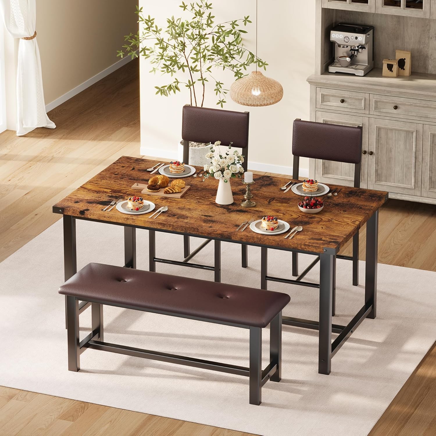 4-Piece Dining Table Set w/ Cushioned Chairs & Bench, Farmhouse Industrial Style