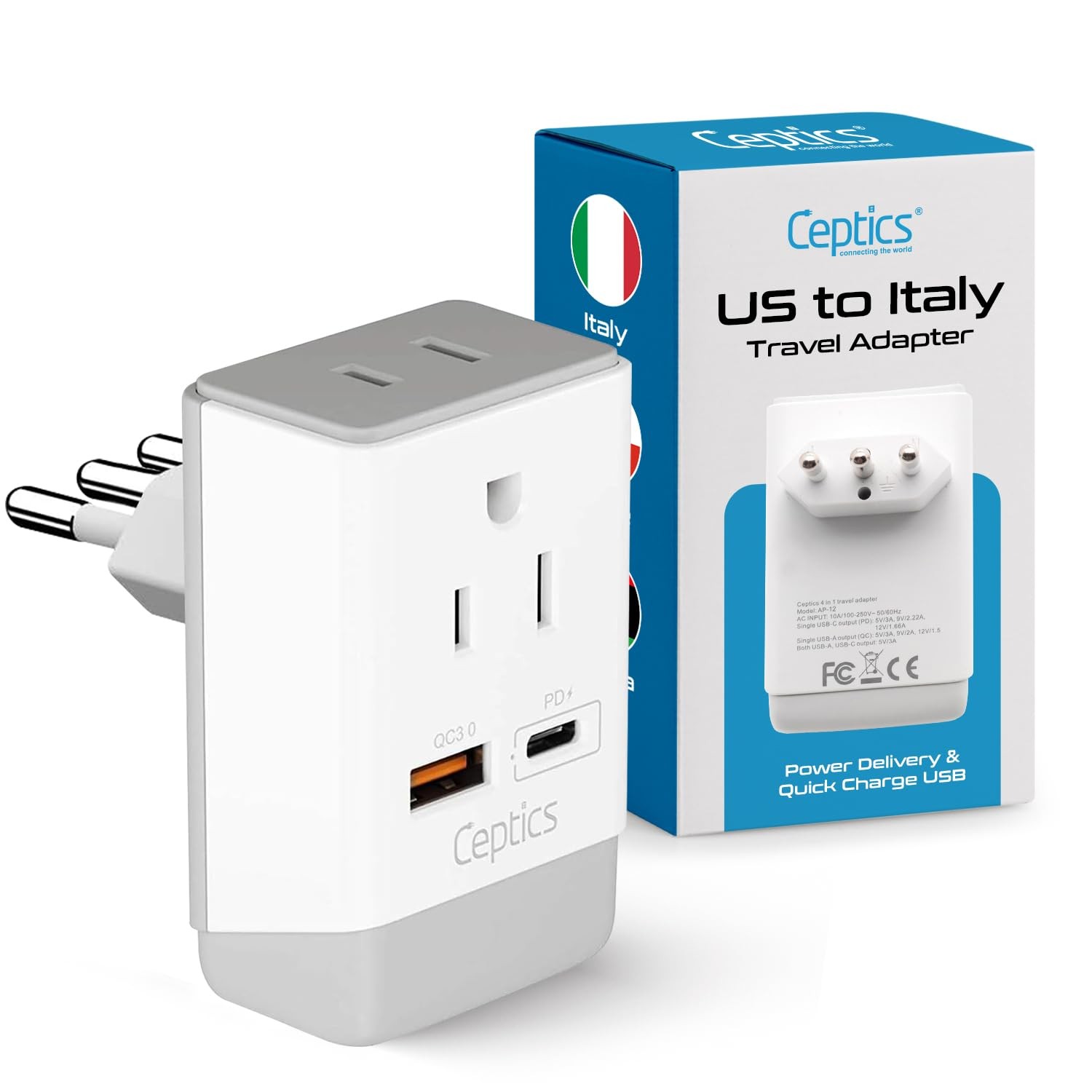 Italy Travel Adapter, QC 3.0 & PD, Safe Dual USB & USB-C - 2 USA Socket Compa...