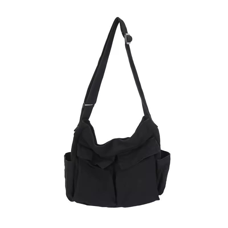 Workwear Canvas Shoulder Bag Large Capacity Retro Messenger 3 inches, Black