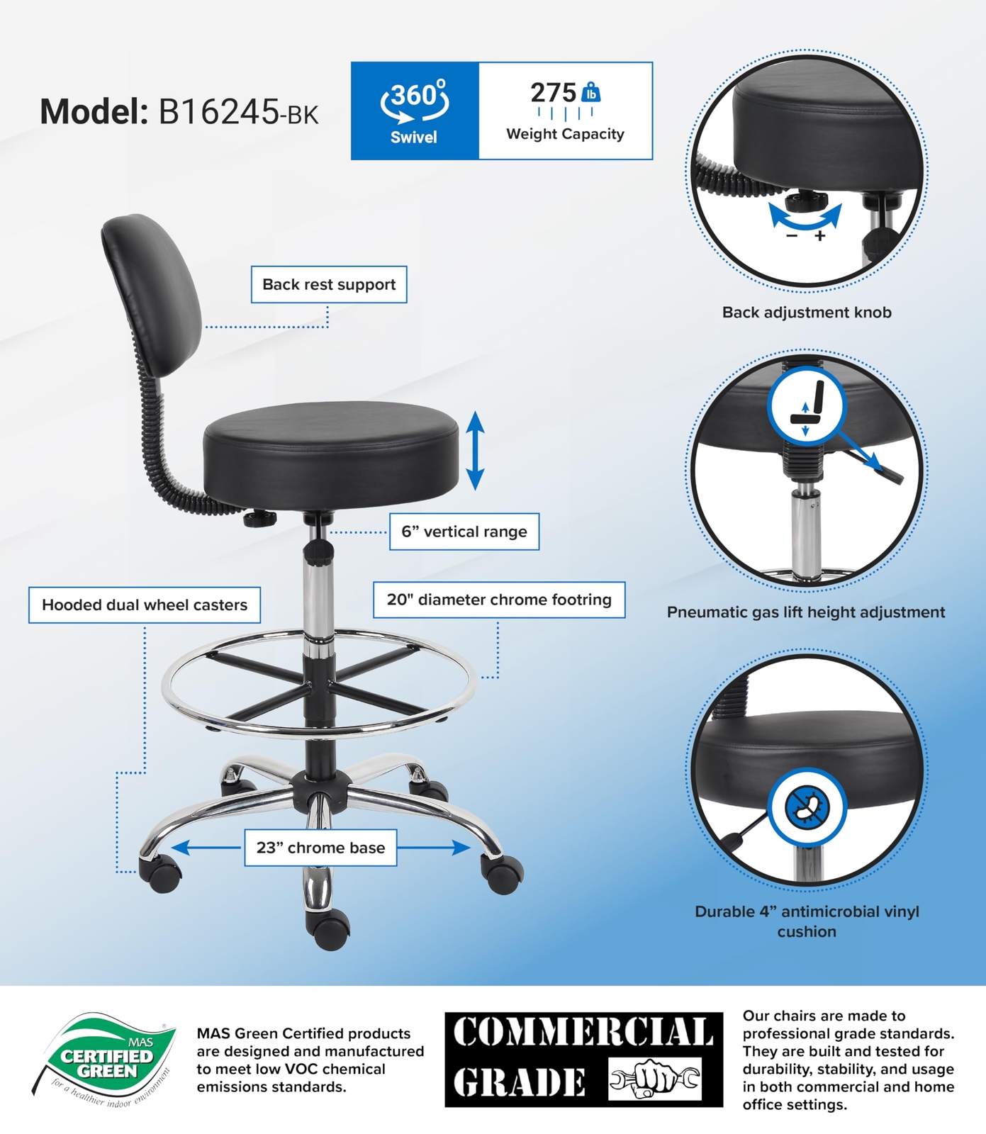 Caressoft Medical Drafting Stool with Back Adjustable Height Chrome Base