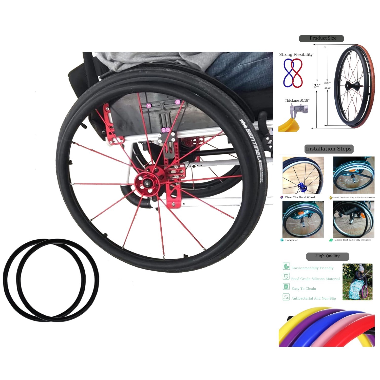 Non-Slip Wheelchair Push Rim Covers - 24in Silicone Hand Covers for Comfort