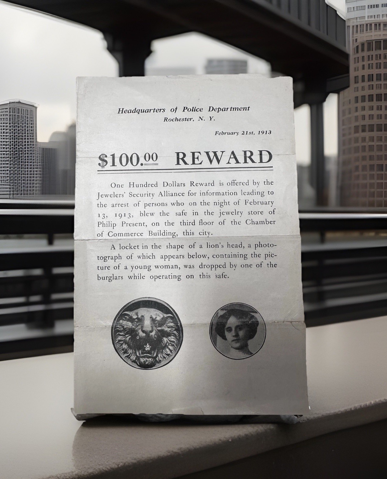 Original 1913 Rochester NY Police Reward Circular - Jewelry Store Safe Burglary