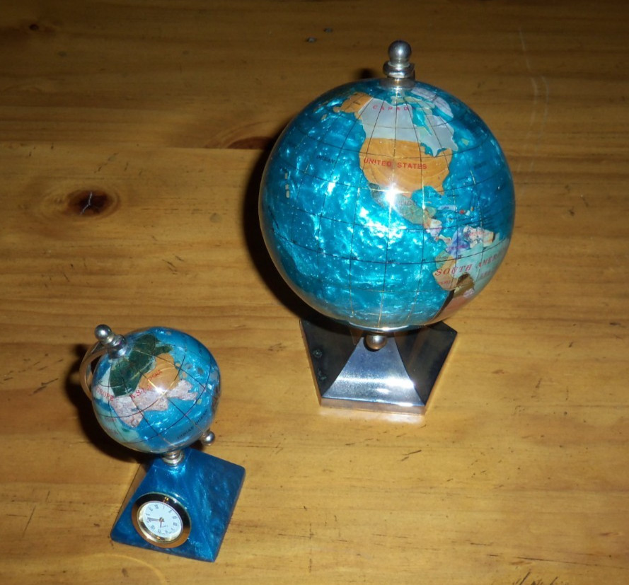 2 Teal World Globe with Inlaid Semi-Precious Gemstone Desktop 7” & 5" with clock