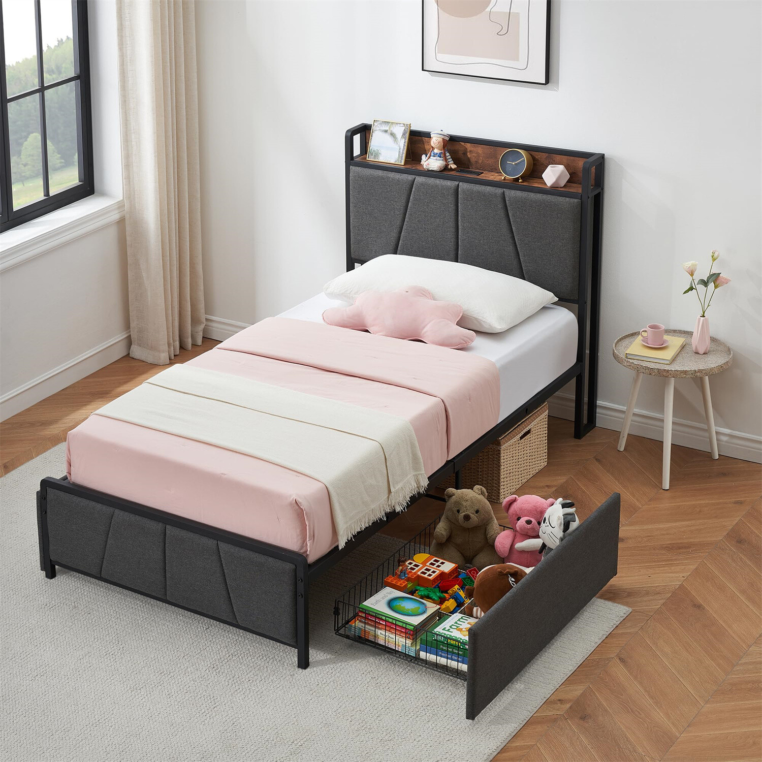 Twin Size Bed Frame with 2 Storage Drawers Linen Upholstered Platform Bedframe
