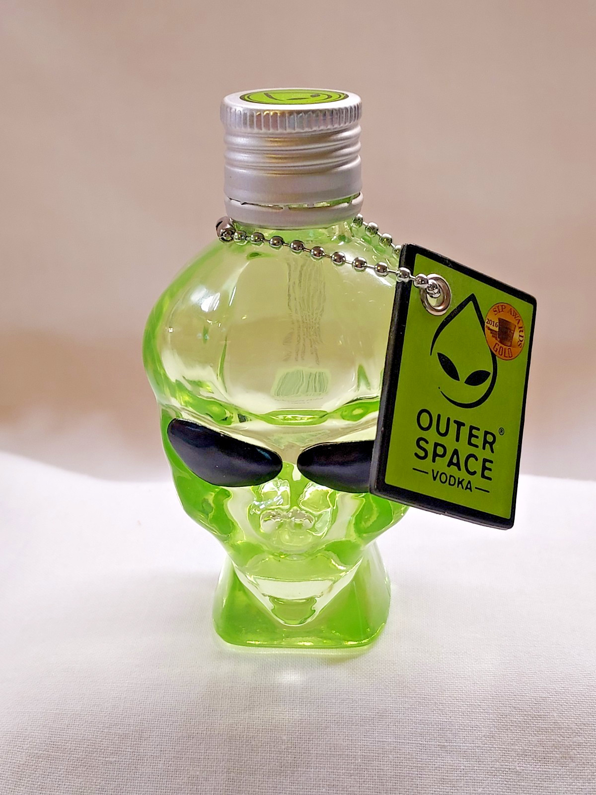 Outer Space Vodka Alien Head Bottle EMPTY 50ml Green Glass  w/Tag 3.5"