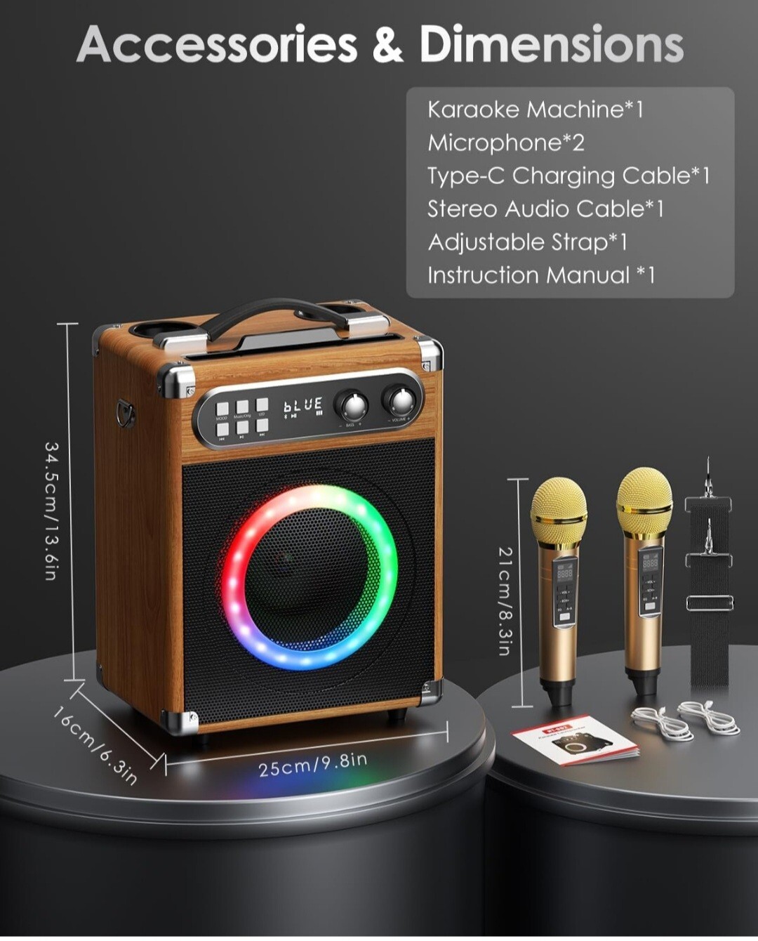 Wireless Karaoke Machine System Portable Bluetooth 5.1 Speaker W/ 2 Microphone