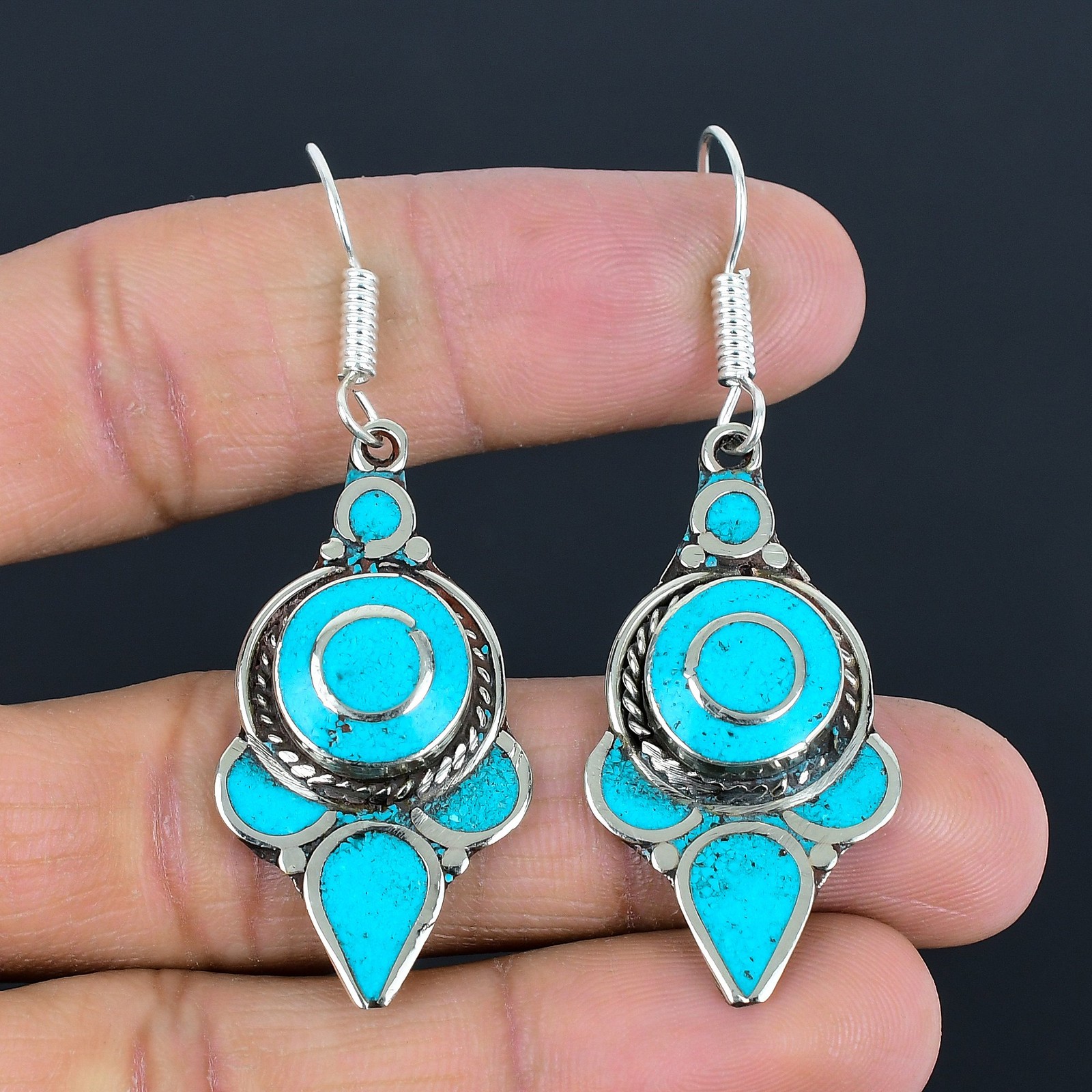 Turquoise Handmade Gift 925 Sterling Silver Tibetan Nepali Earring 2.6" PG 5223