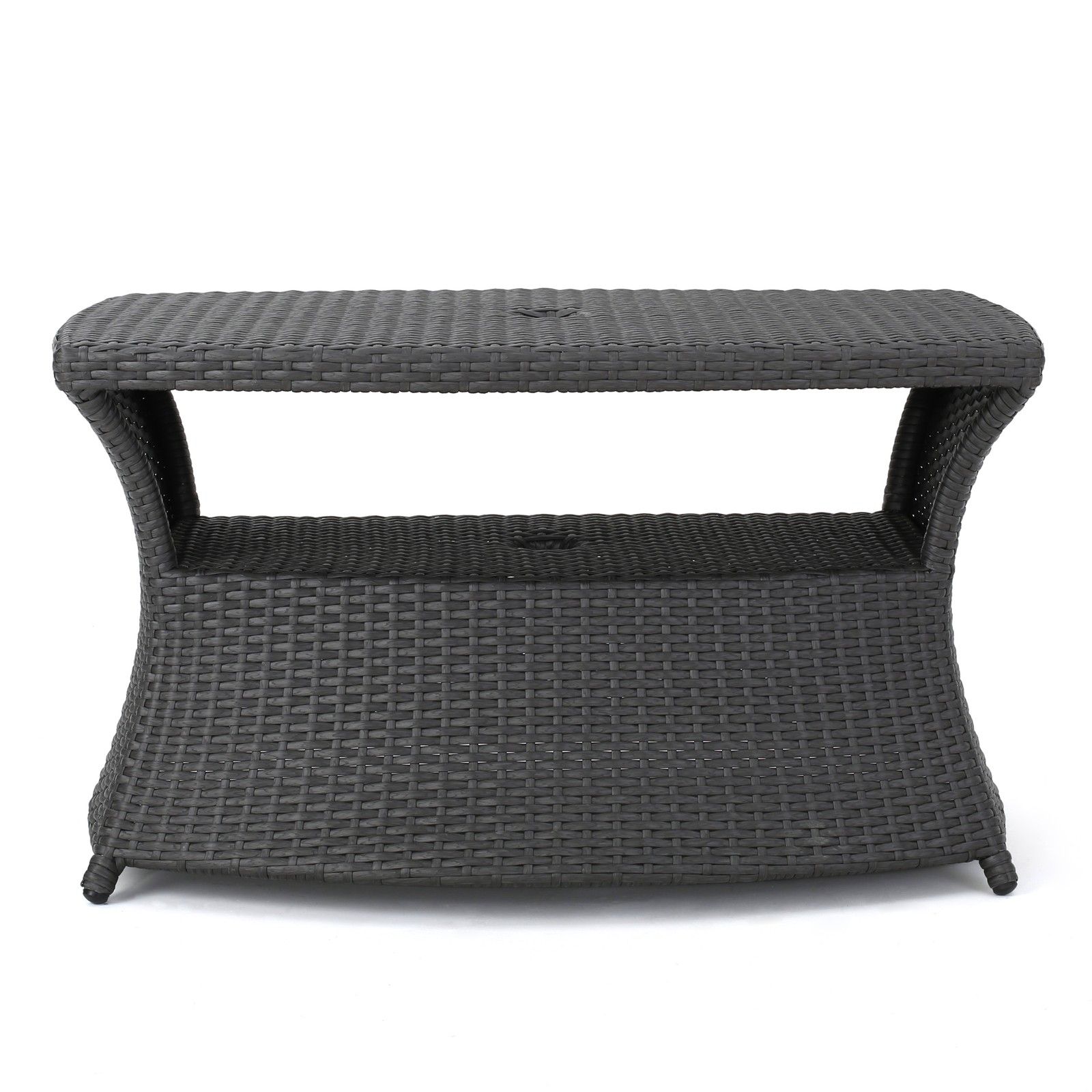 Outdoor Patio Side Table with Umbrella Hole, Shelf & Storage, Grey Rattan