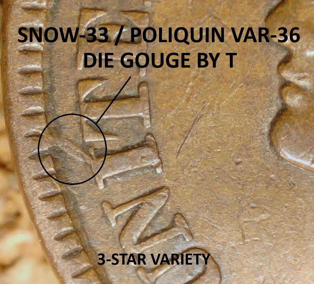 1897 Indian Head Cent - AU  3-STAR SNOW-33 "DIE GOUGE BY T"  (M727)
