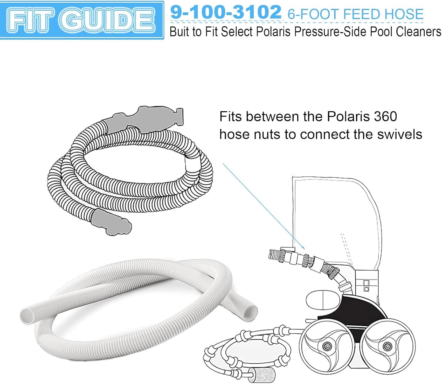 6-Ft Pool Cleaner Cuff-less Feed Hose 9-100-3102 for Polaris 360 - 3 Pack