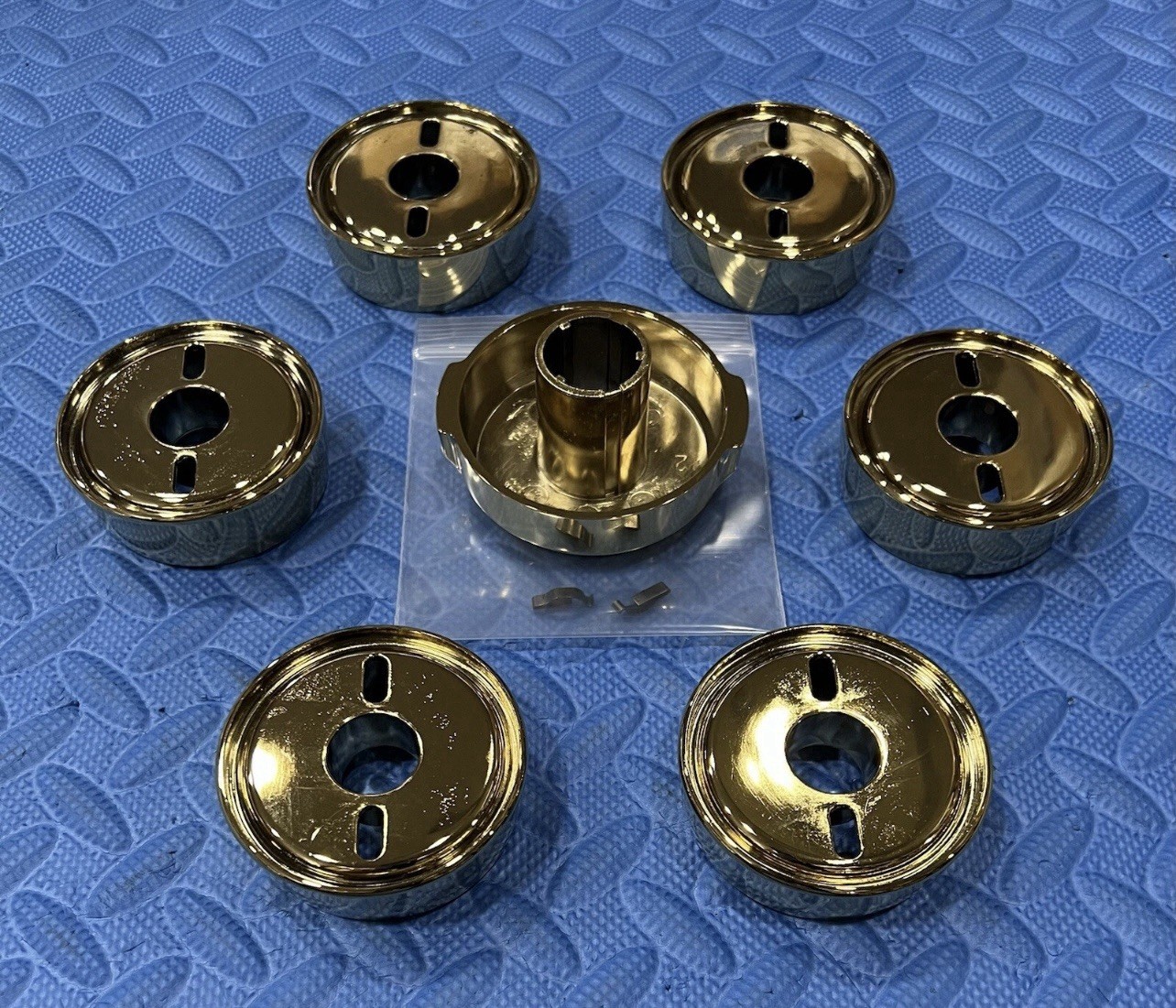 WOLF BRASS BEZEL SET (7pc) FOR GAS RANGERS, C-pics & desc