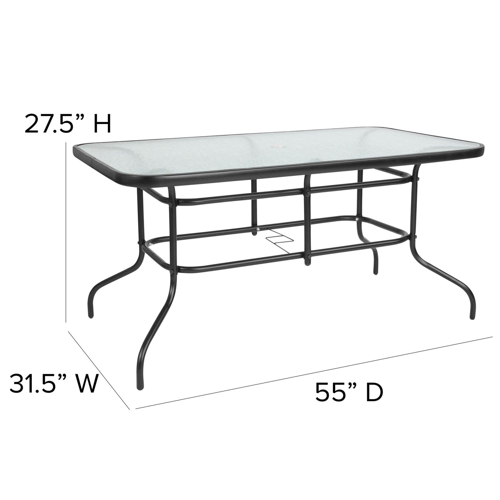 7 Piece Patio Dining Set - 55" Glass Patio Table 6 Black Flex Stack Chairs