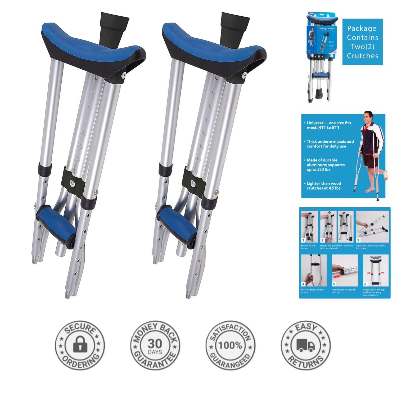 Portable Folding Crutches - Adjustable Aluminum Aid for All Ages, Max 250 lbs