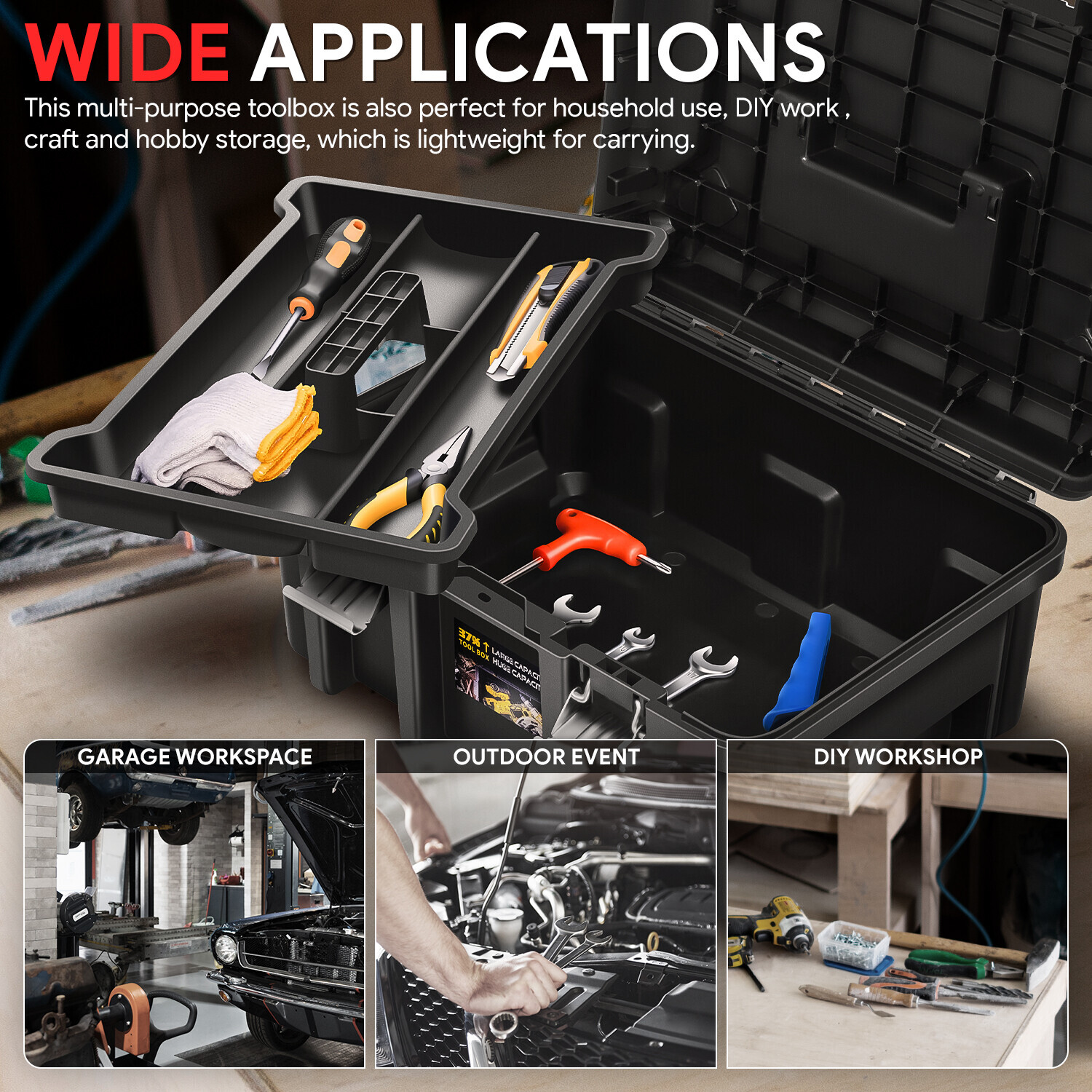 Utility Rolling Tool Deep Organizer Lockable Box Drawer w/ Removable Tray Black
