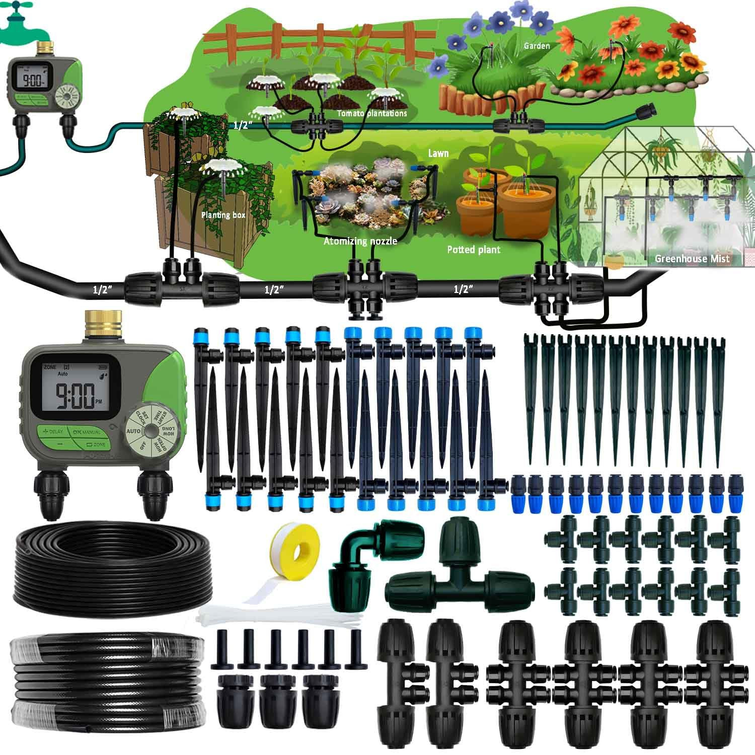Drip Irrigation System with Water Timer for Garden,Main ID 1/2Inch 32Ft and 1/4I