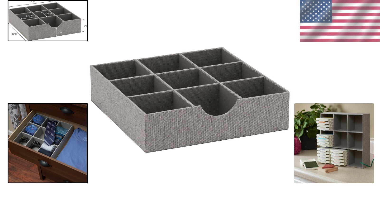 Grey 9-Compartment Fabric Drawer Organizer, 12" x 12" - Elegant Storage Solution