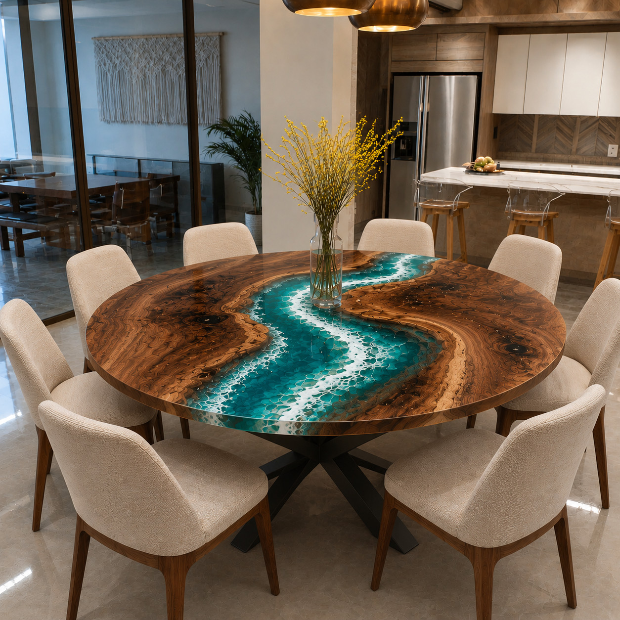 Round Ocean Epoxy River Dining Table | Live Edge Wood Table | Handmade  18X18